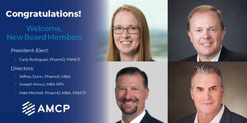 Collage of four new AMCP Board Members with text welcoming them to the team.