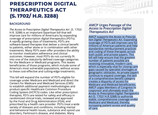 AMCP Legislative Brief - Access To Prescription Digital Therapeutics Act Update